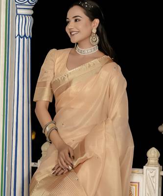 beige tissue linen beads & stone saree with unstitched blouse 3