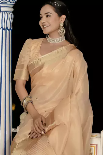beige tissue linen beads & stone saree with unstitched blouse