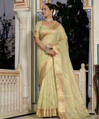 pista tissue linen beads & stone saree with unstitched blouse 1