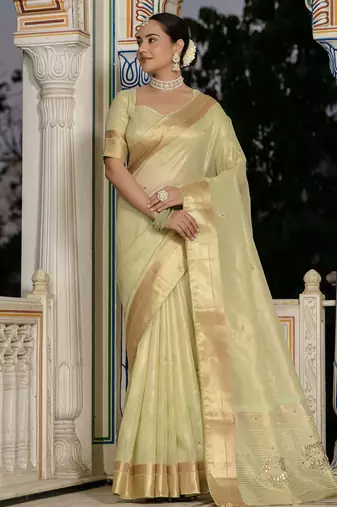 pista tissue linen beads & stone saree with unstitched blouse