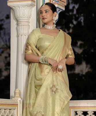 pista tissue linen beads & stone saree with unstitched blouse 2