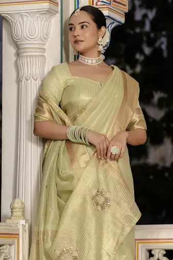 pista tissue linen beads & stone saree with unstitched blouse