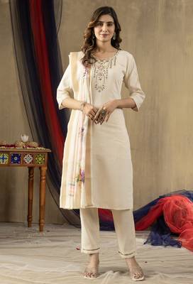Off white Designer Straight Kurti Pant Dupatta Set With Embroidery And Hand Work 1