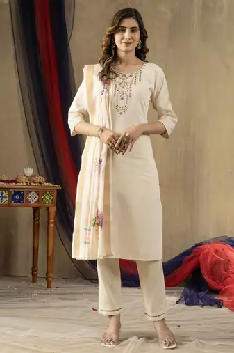 Off white Designer Straight Kurti Pant Dupatta Set With Embroidery And Hand Work