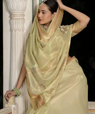 pista tissue linen beads & stone saree with unstitched blouse 3