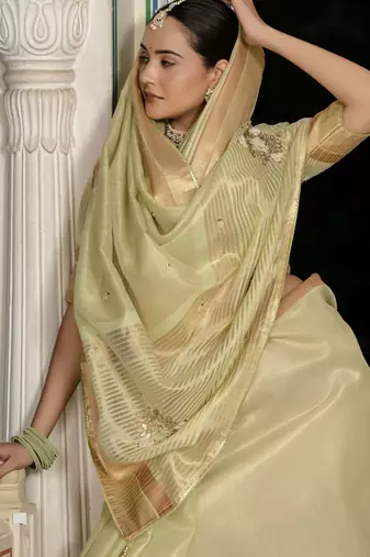 pista tissue linen beads & stone saree with unstitched blouse