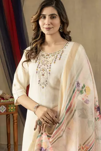 Off white Designer Straight Kurti Pant Dupatta Set With Embroidery And Hand Work