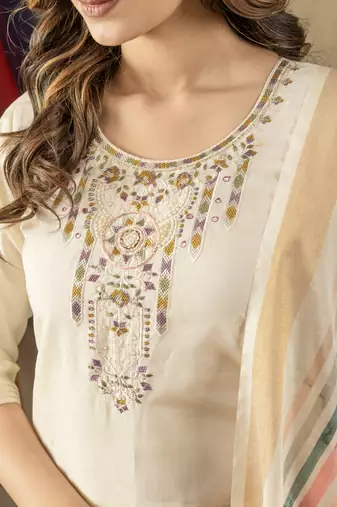 Off white Designer Straight Kurti Pant Dupatta Set With Embroidery And Hand Work