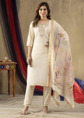 Off white Designer Straight Kurti Pant Dupatta Set With Embroidery And Hand Work 5