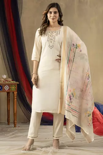 Off white Designer Straight Kurti Pant Dupatta Set With Embroidery And Hand Work