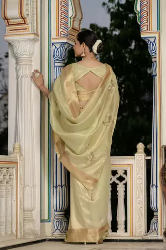 pista tissue linen beads & stone saree with unstitched blouse