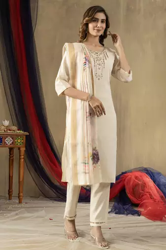 Off white Designer Straight Kurti Pant Dupatta Set With Embroidery And Hand Work