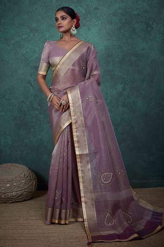 mauve tissue linen zari woven saree with unstitched blouse