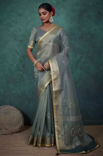teal tissue linen zari woven saree with unstitched blouse