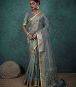 teal tissue linen zari woven saree with unstitched blouse