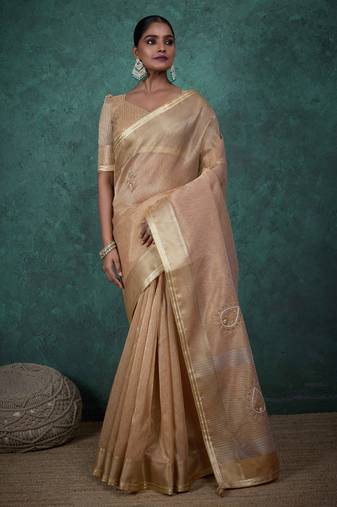 chiku tissue linen zari woven saree with unstitched blouse