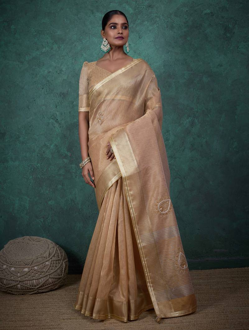 chiku tissue linen zari woven saree with unstitched blouse