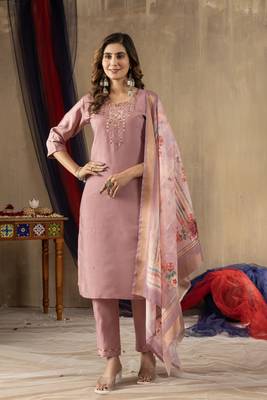 Onion Pink  Designer Straight Kurti Pant Dupatta Set With Embroidery And Hand Work 1
