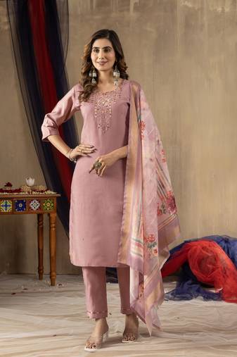 Onion Pink  Designer Straight Kurti Pant Dupatta Set With Embroidery And Hand Work