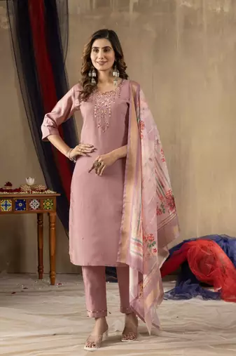 Onion Pink  Designer Straight Kurti Pant Dupatta Set With Embroidery And Hand Work