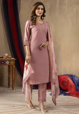 Onion Pink  Designer Straight Kurti Pant Dupatta Set With Embroidery And Hand Work 4