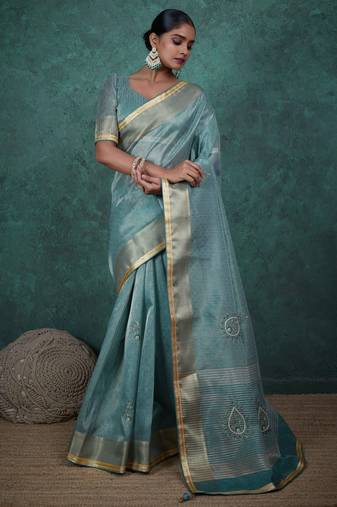 sky blue tissue linen zari woven saree with unstitched blouse