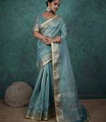sky blue tissue linen zari woven saree with unstitched blouse