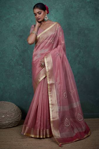pink tissue linen zari woven saree with unstitched blouse