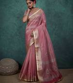 pink tissue linen zari woven saree with unstitched blouse