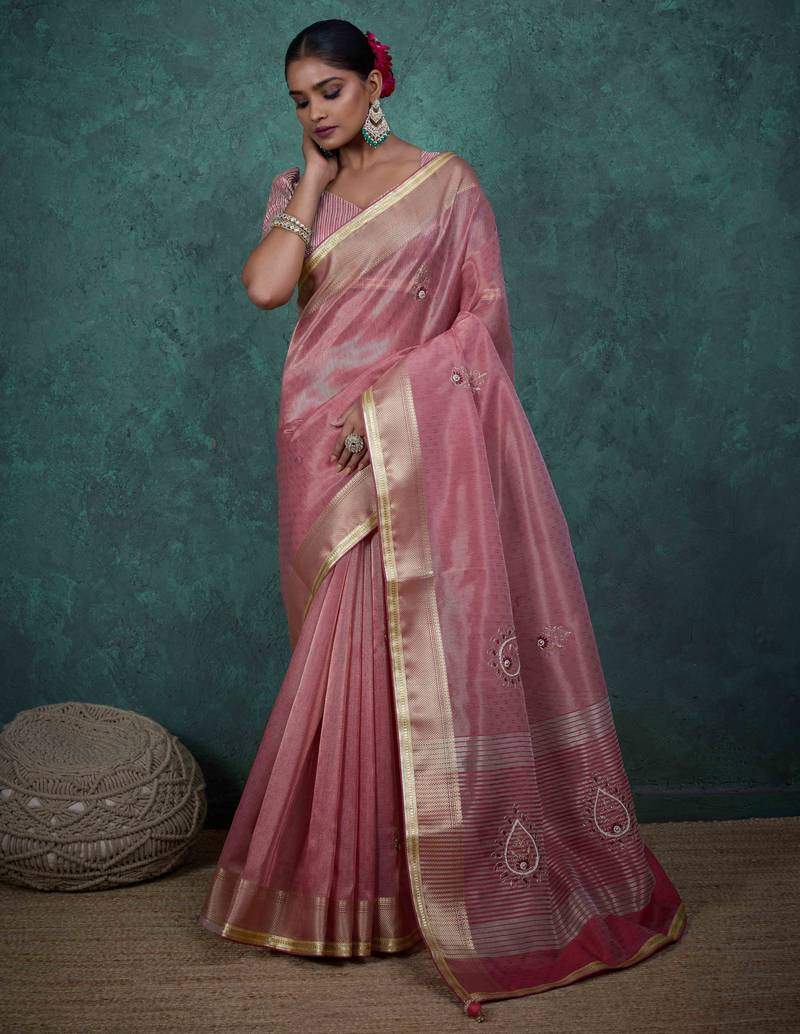 pink tissue linen zari woven saree with unstitched blouse