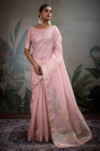 pink tissue linen handwork saree with unstitched blouse