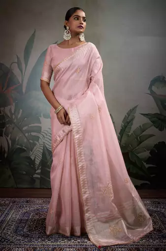 pink tissue linen handwork saree with unstitched blouse