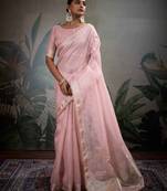 pink tissue linen handwork saree with unstitched blouse