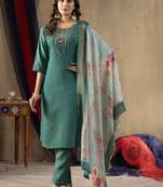 Rama Designer Straight Kurti Pant Dupatta Set With Embroidery And Hand Work