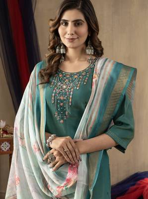 Rama Designer Straight Kurti Pant Dupatta Set With Embroidery And Hand Work 3