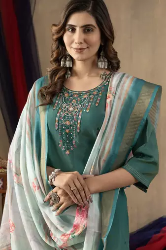 Rama Designer Straight Kurti Pant Dupatta Set With Embroidery And Hand Work