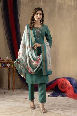 Rama Designer Straight Kurti Pant Dupatta Set With Embroidery And Hand Work 4
