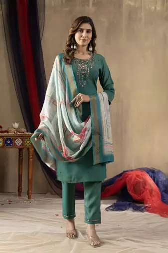 Rama Designer Straight Kurti Pant Dupatta Set With Embroidery And Hand Work