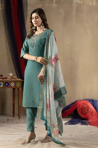 Rama Designer Straight Kurti Pant Dupatta Set With Embroidery And Hand Work