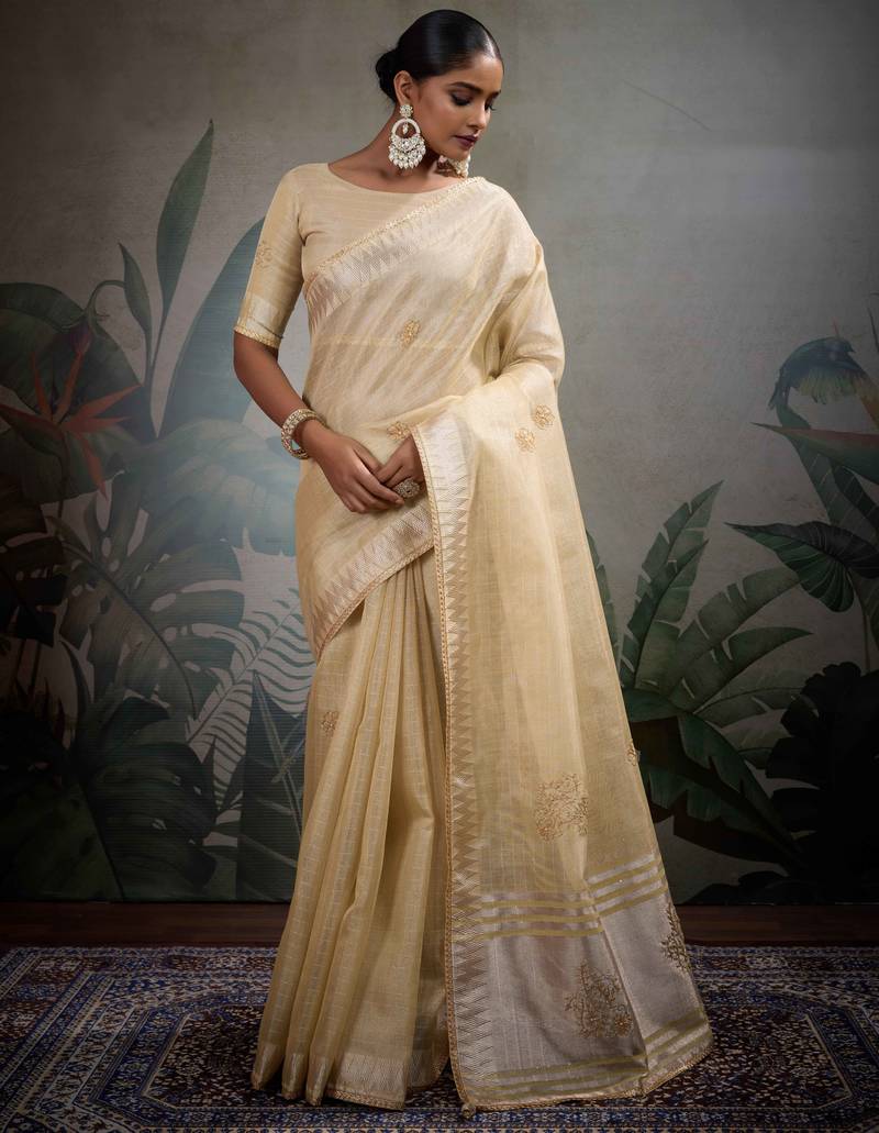 beige tissue linen handwork saree with unstitched blouse