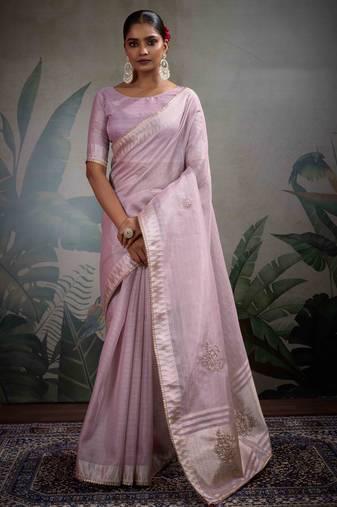 lavender tissue linen handwork saree with unstitched blouse