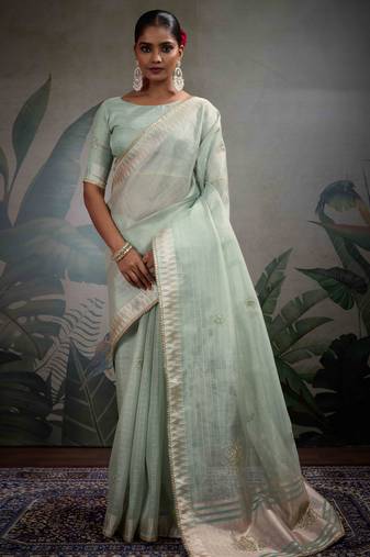 mint tissue linen handwork saree with unstitched blouse
