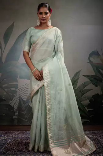 mint tissue linen handwork saree with unstitched blouse