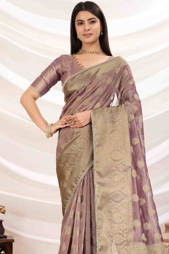 mauve tissue zari woven saree with unstitched blouse