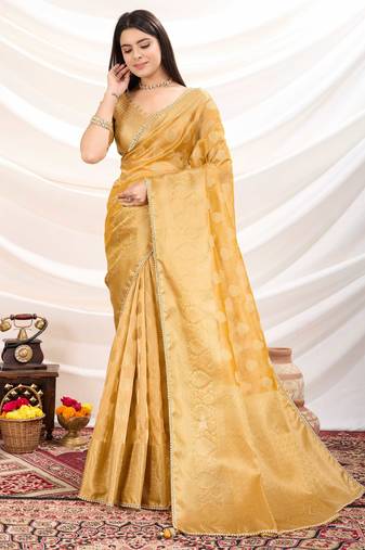 mustard tissue zari woven saree with unstitched blouse