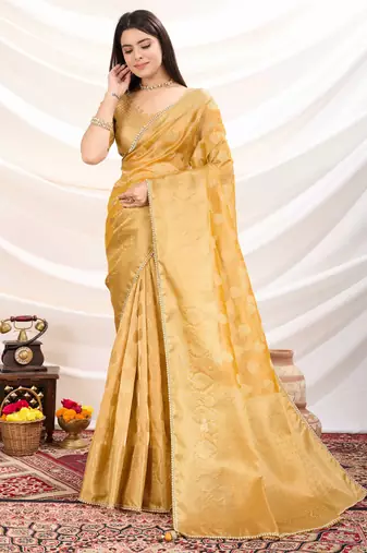 mustard tissue zari woven saree with unstitched blouse