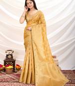 mustard tissue zari woven saree with unstitched blouse