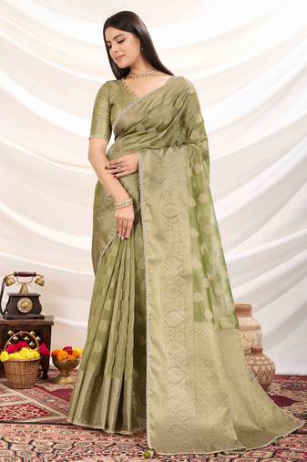 olive tissue zari woven saree with unstitched blouse