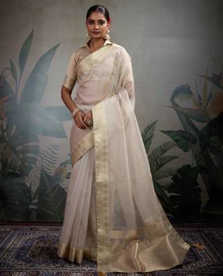 off-white tissue zari woven saree with unstitched blouse 1