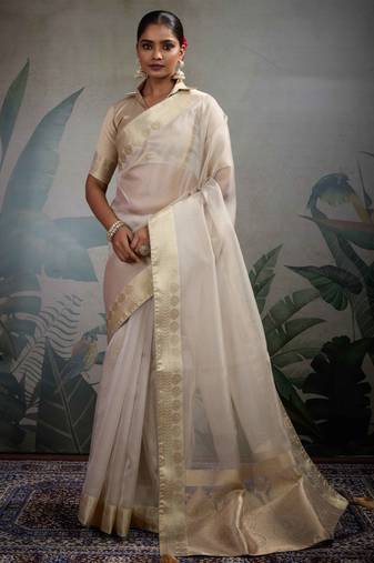 off-white tissue zari woven saree with unstitched blouse